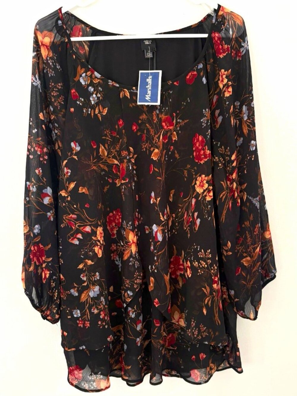 NWT Autres Filles Women’s 3X Black Floral Chiffon Sheer Long Sleeve Blouse Top